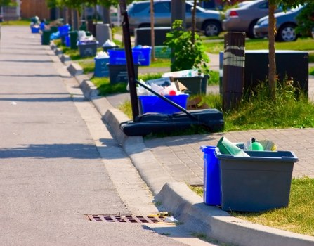 A collection of various rubbish bins and containers are placed along a residential pavement in Bayswater, with some filled with waste and debris, including plastic bottles, paper, and garden refuse. The bins are mainly blue and grey, positioned next to the curb and on a grassy verge, with a broom leaning against one of them. The pavement is lined with small trees and parked cars can be seen further down the street, indicating a tidy, urban environment. The scene captures an outdoor area where rubbish has been collected for removal, consistent with professional waste management services like those provided by Garden Clearance Bayswater. The overall setting suggests a typical street scene in a landscaped residential area, with clear visibility of waste containers and street infrastructure.